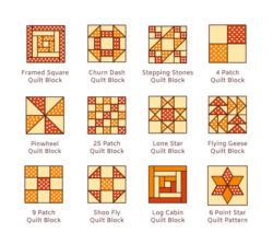 Quilt sewing pattern. Log cabin, pinwheel tiles. Quilting &amp; patchwork blocks from fabric squares, triangles. Vector flat colorful icon set. Isolated objects on white background